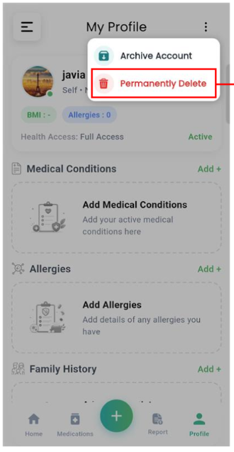 Healthiya My Profile screen with the three-dot menu open, showing the Archive Account and Permanently Delete options.