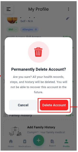 Healthiya confirmation dialog titled Permanently Delete Account? with Cancel and Delete Account buttons.